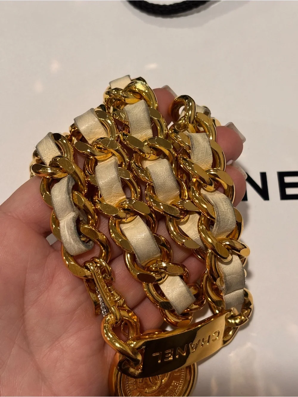 Authentic CHANEL vintage beige leather chain medallion belt 75cm